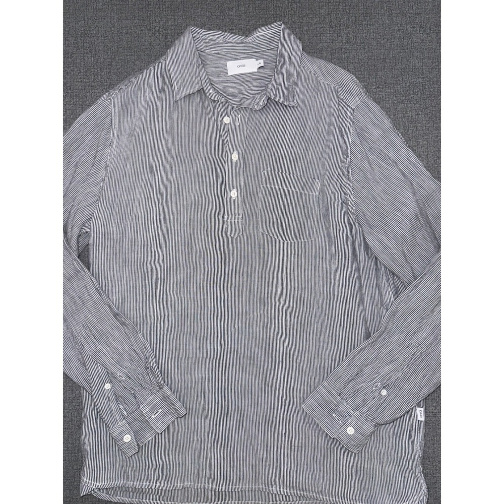 Onia Mens Linen Tencel Striped Pullover Popover Shirt Dark Gray White Large L